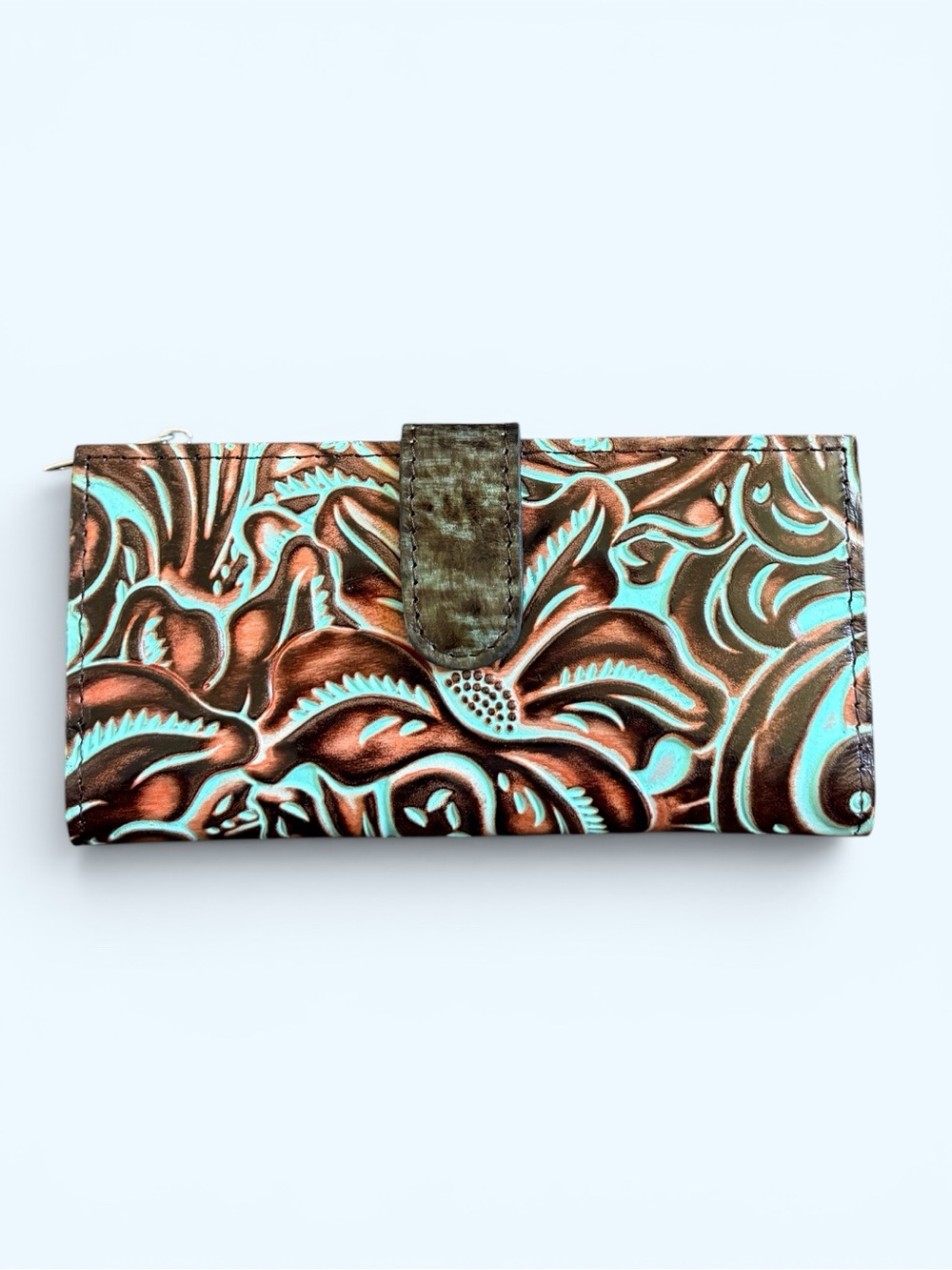 PATRICIA NASH Nazari Turquoise and Brown Tooled Floral Leather Wallet NWT
